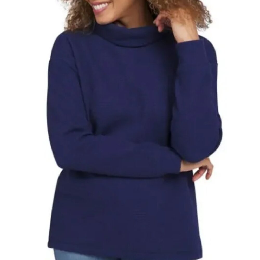 LANDS END Womens LS Waffle Funnel Neck Top Navy Blue SIZE L **NWT